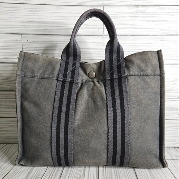 Hermes Vintage Fourre Canvas PM Tote Bag in Gray and Black - Picture 1 of 16